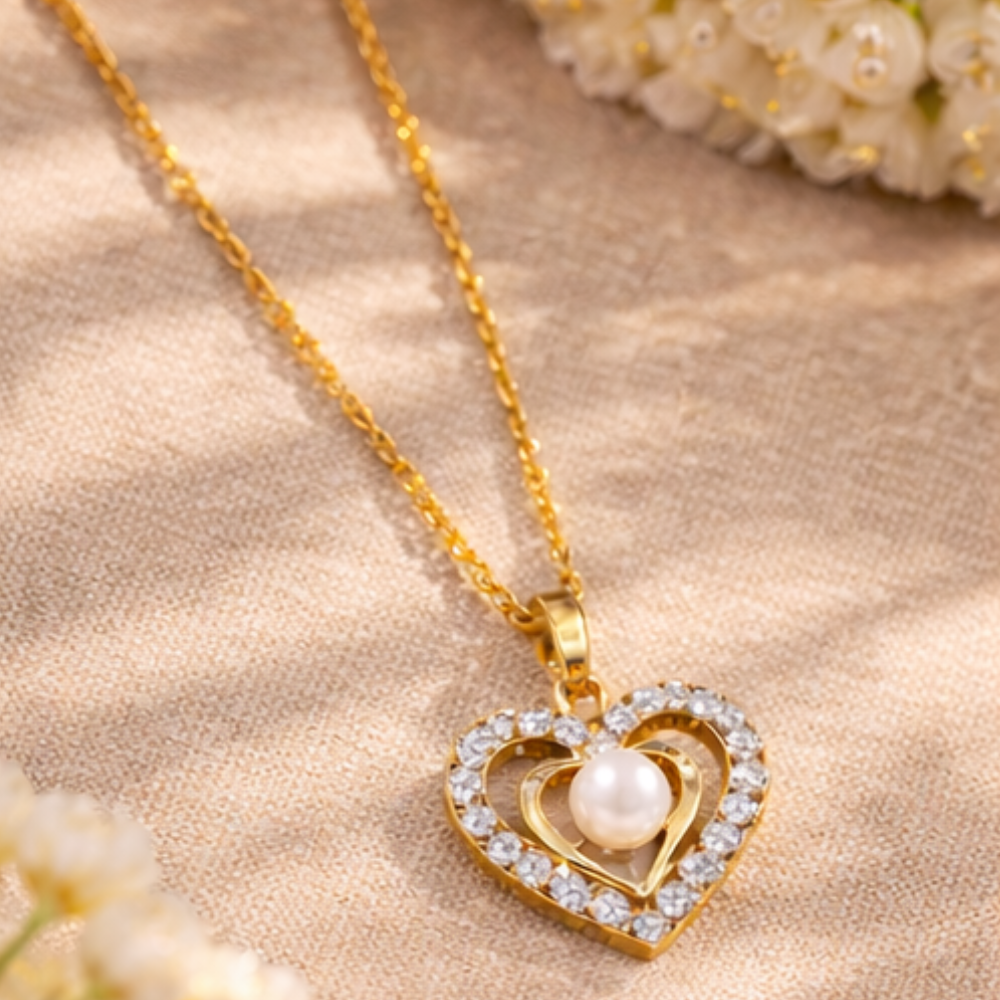 Double Heart Pearl Pendant Necklace