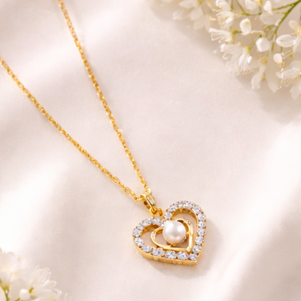 Double Heart Pearl Pendant Necklace