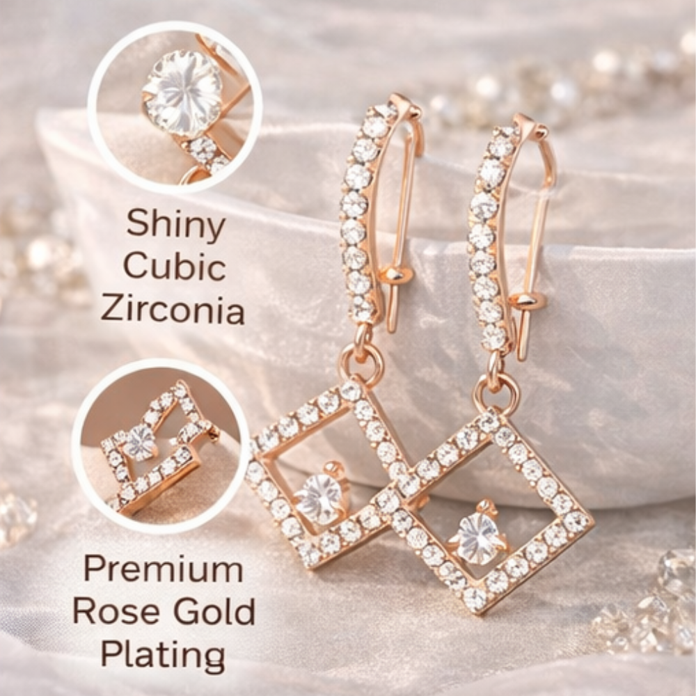 Rose Gold Cubic Zirconia Square Drop Earrings for Women | Elegant Dangle Jewelry ✨