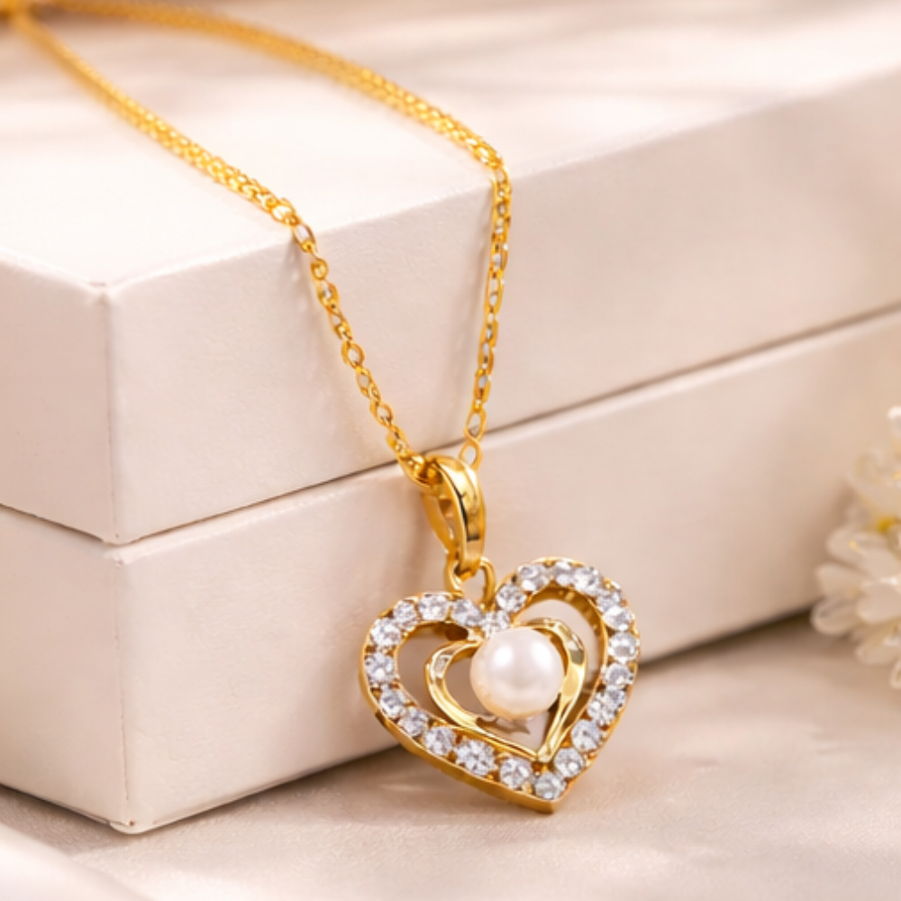 Double Heart Pearl Pendant Necklace