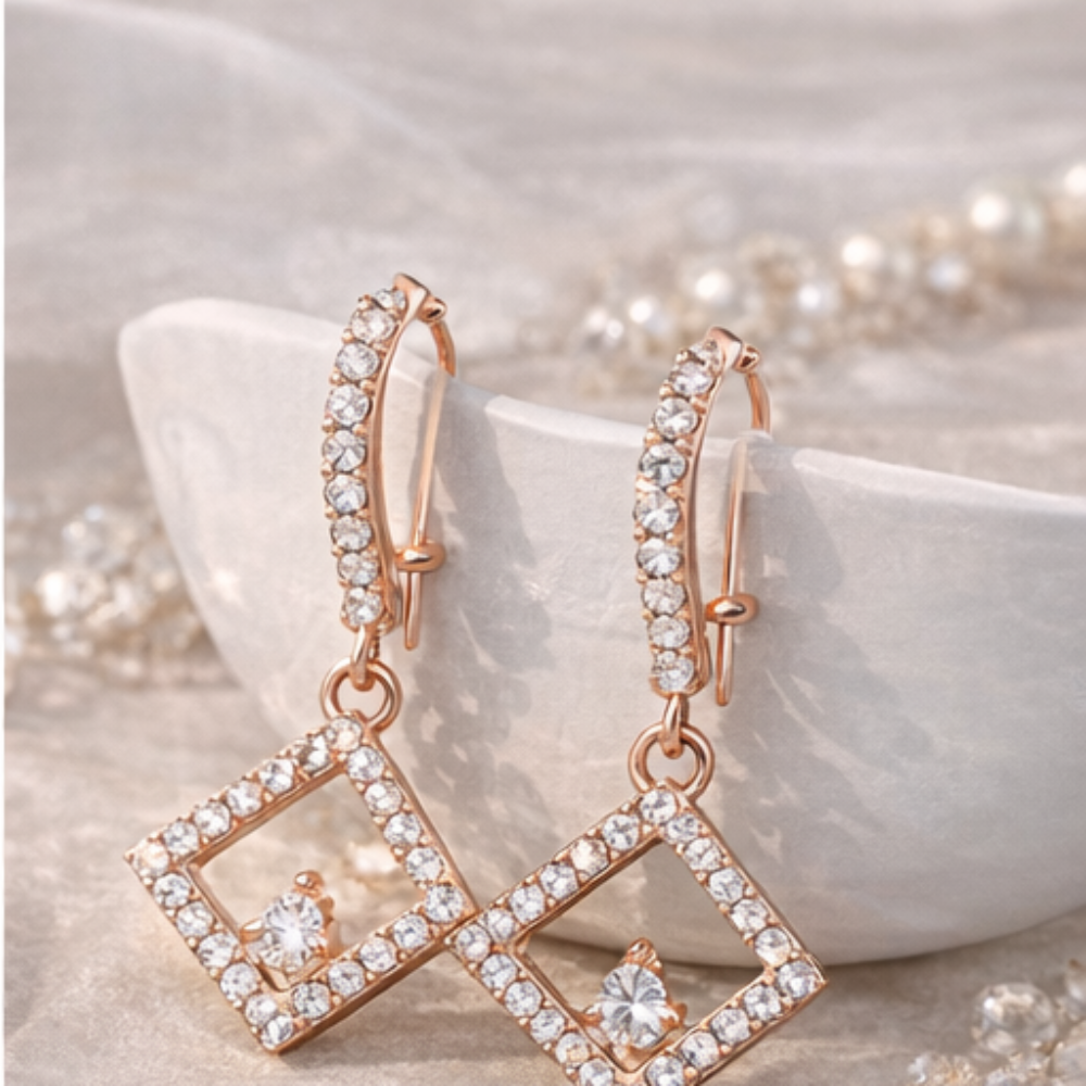 Rose Gold Cubic Zirconia Square Drop Earrings for Women | Elegant Dangle Jewelry ✨