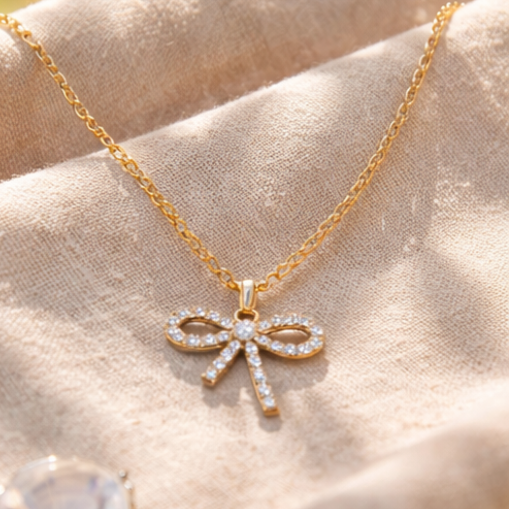 Gold Crystal Bow Pendant Necklace