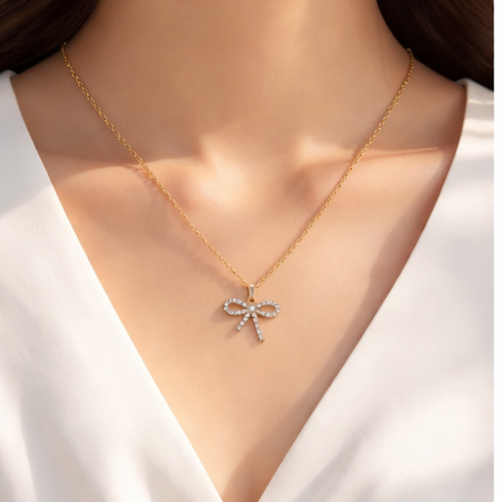 Gold Crystal Bow Pendant Necklace