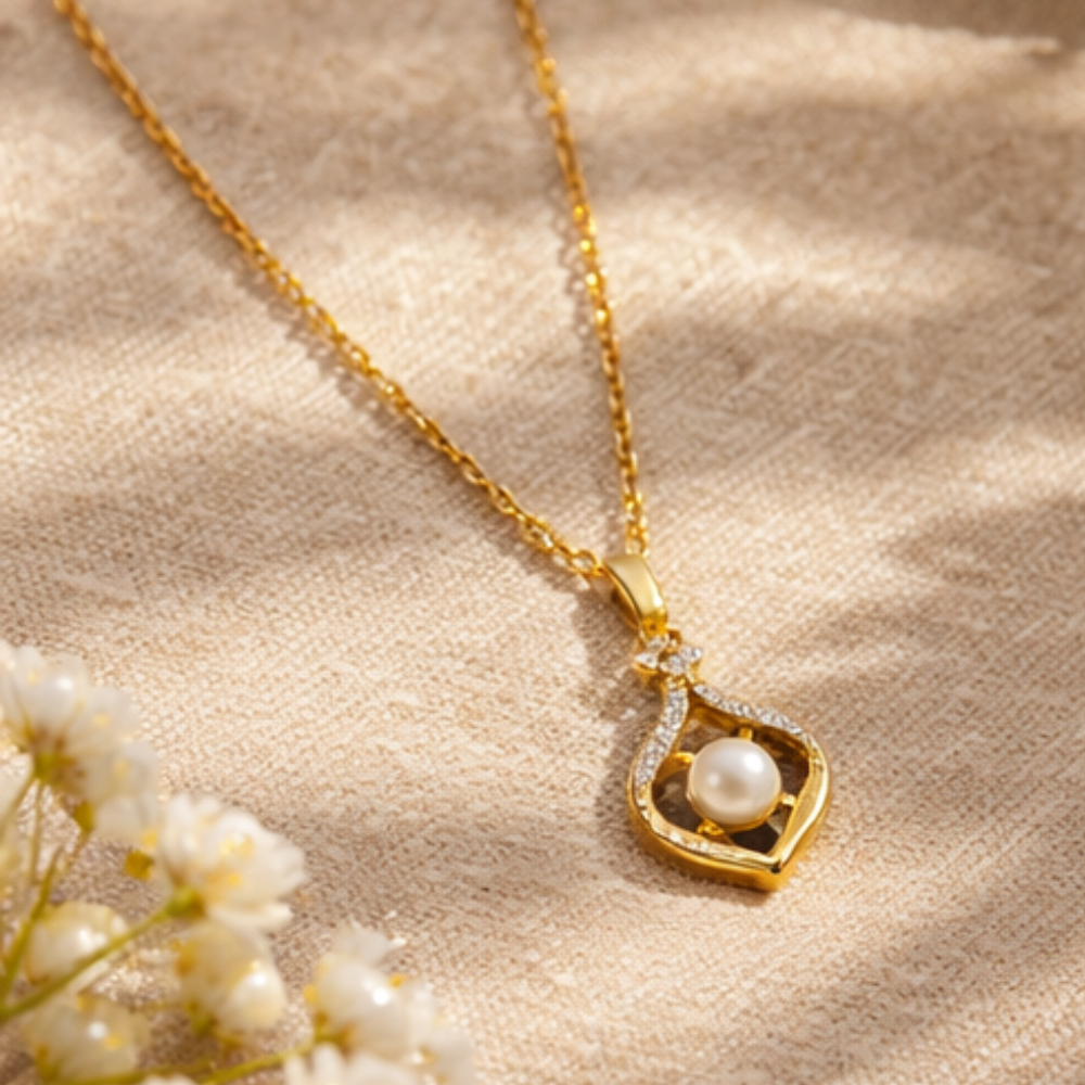 Gold Pearl Heart Pendant Necklace