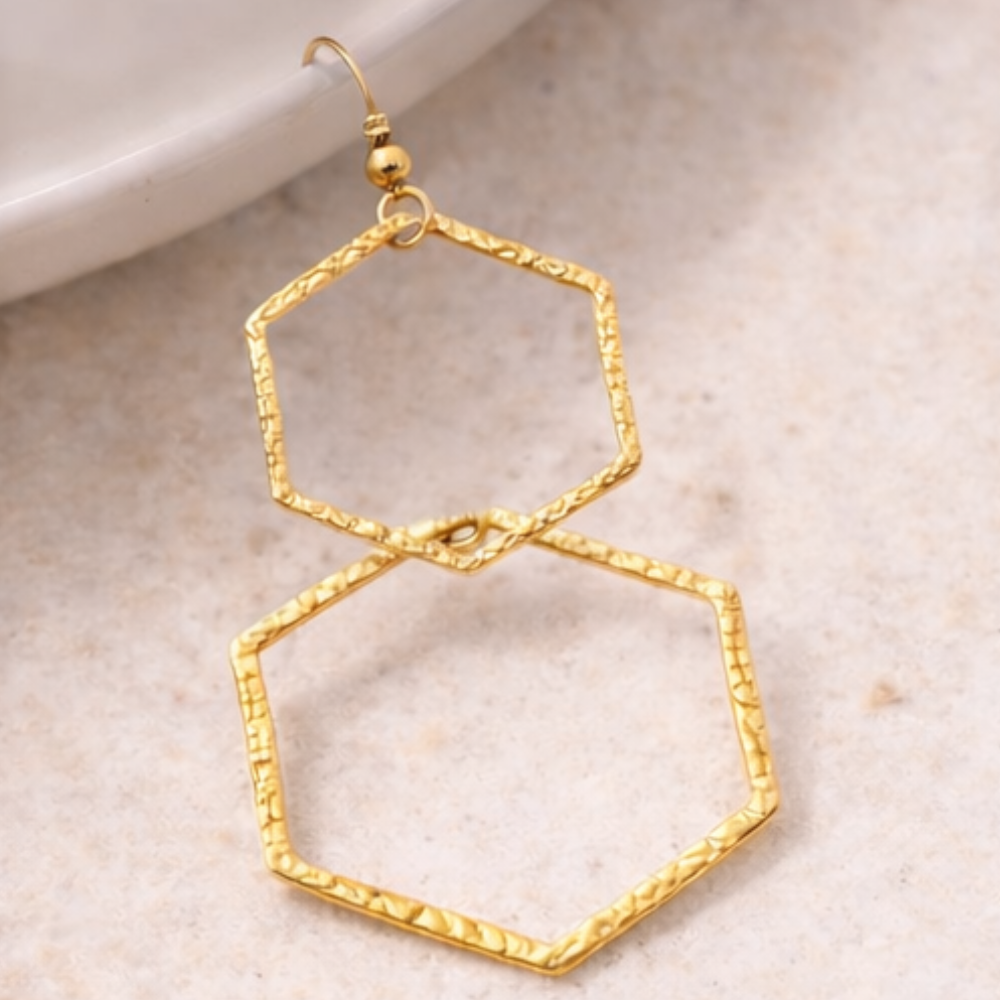 Elegant Gold Double Hexagon Drop Earrings ✨