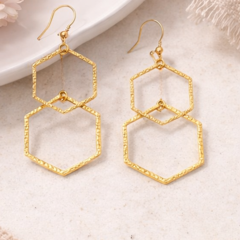 Elegant Gold Double Hexagon Drop Earrings ✨