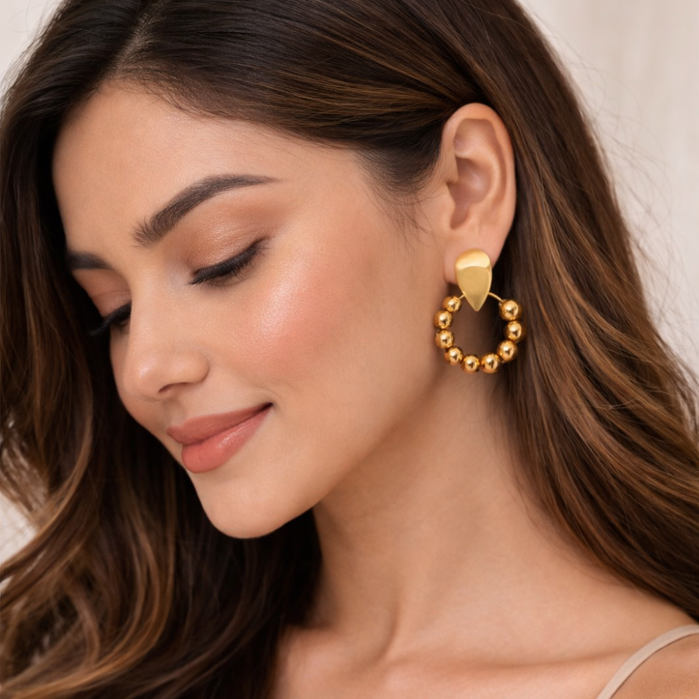 Gold Beaded Hoop Drop Earrings for Women ✨