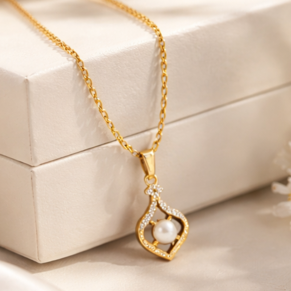Gold Pearl Heart Pendant Necklace