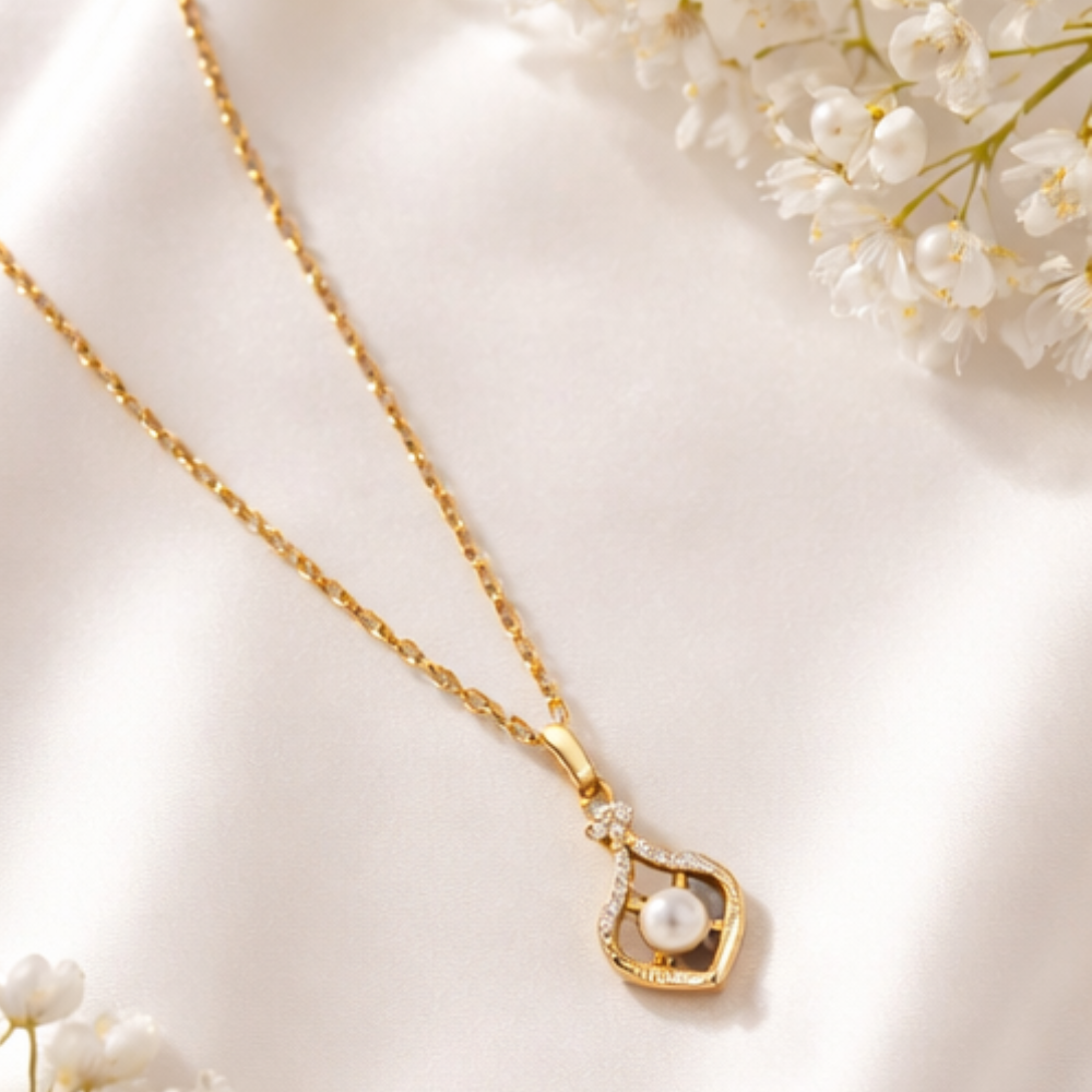 Gold Pearl Heart Pendant Necklace