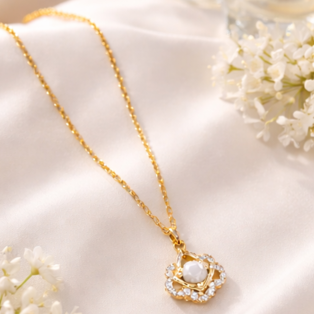 Gold Pearl Floral Pendant Necklace