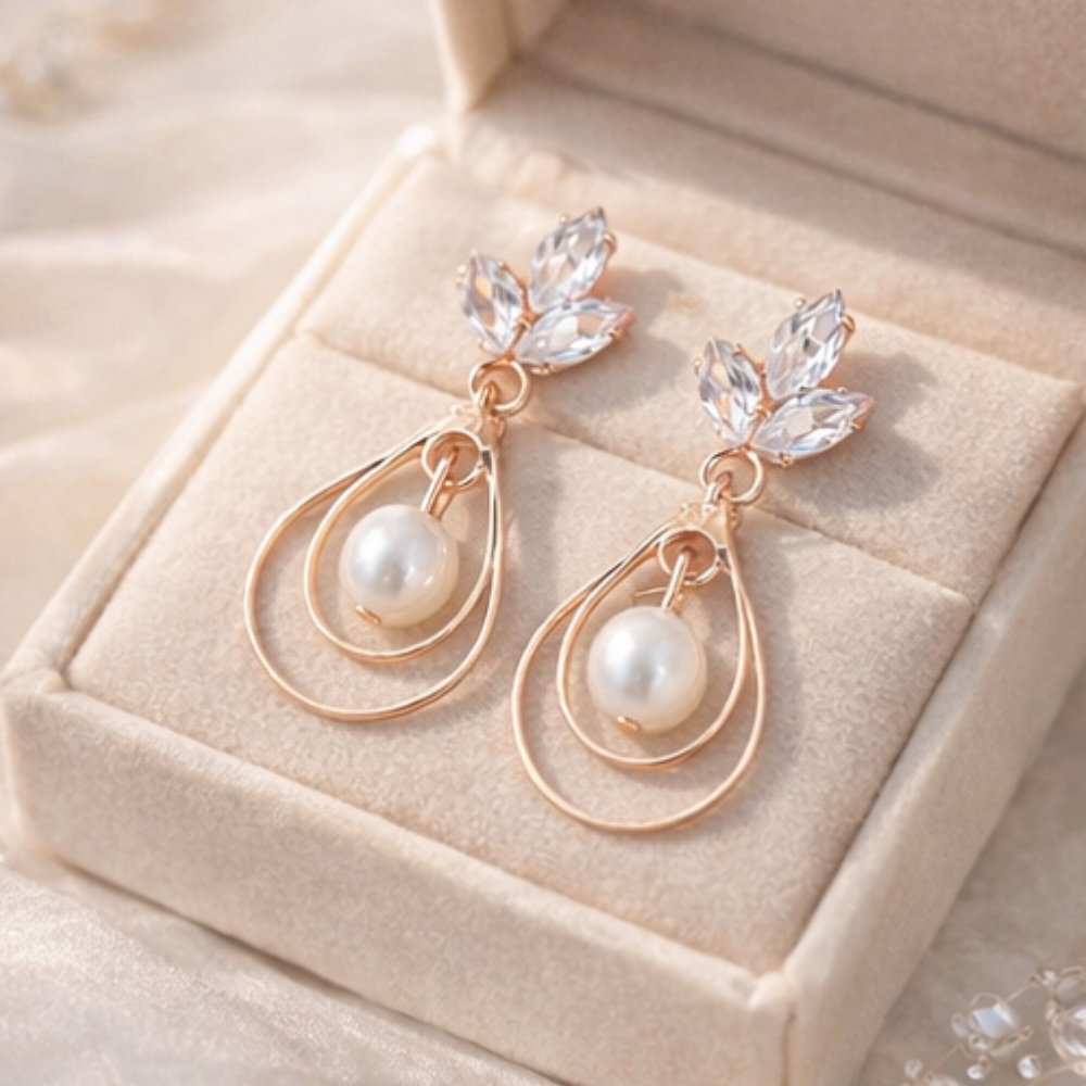 Floral Pearl Drop Gold Earrings for Women ✨